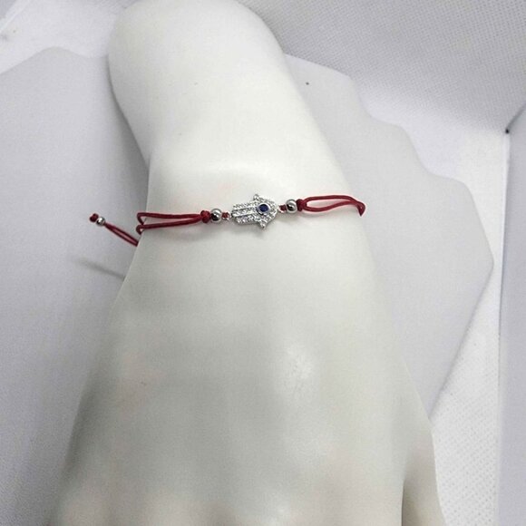 Sterling Silver 925 Hamsa Design With Red String Bracelet - Picture 1 of 3